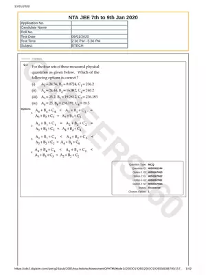 JEE Main 9th Jan 2020 Question Paper 1 Afternoon Session