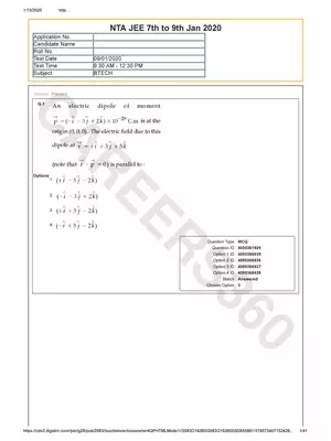 JEE Main 9th Jan 2020 Question Paper 1 Morning Session