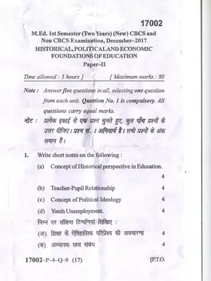 M.Ed Historical Political & Economic Foundation of Education MDU Question Paper Dec 2017