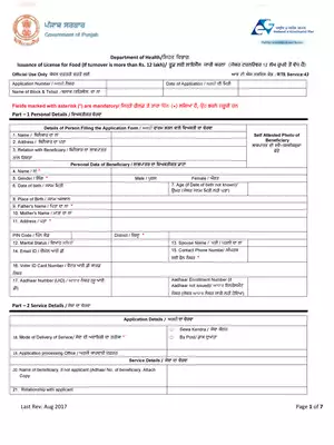 Punjab Food License Certificate Form