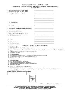 Renewal Form for Press Accreditation Card of Journalist of Kolkata, 2020