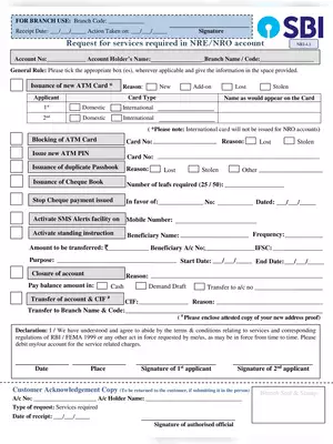 SBI ATM Card/Cheque Book Issue Form for NRO/NRE Account