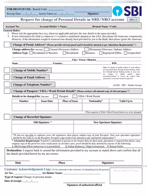 SBI Personal Details change Form For NRO/NRE Account