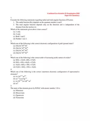 UPSC Combined Geo-Scientist (P) Chemistry Exam 2020