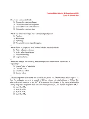 UPSC Combined Geo-Scientist (P) Geophysics Exam 2020