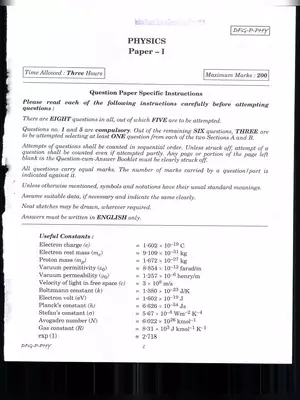 UPSC Indian Forest Service (Main) Physics Paper-I Exam 2019