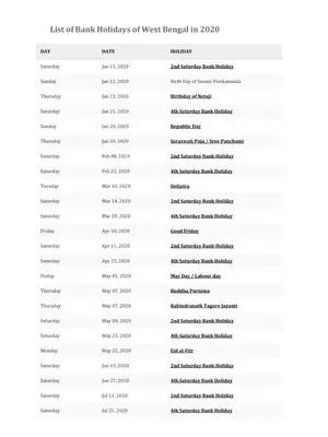 West Bengal Bank Holiday List 2020