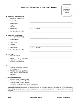 West Bengal Inter Caste Marriage Incentive Application Form