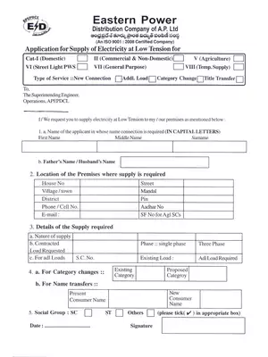 AP Meeseva EPDCL -LT  New Connection Application Form