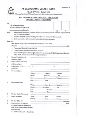 Assam Gramin Vikash Bank Asomi Grihasree Loan Form