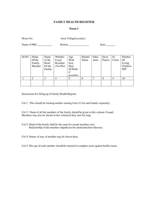 Family Health Register Form Jammu