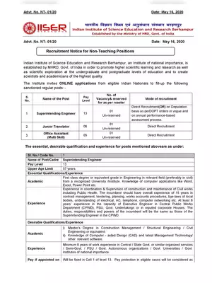 IISER Recruitment Advertisement 2020