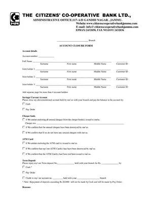 Jammu Co-Operative Bank Account Closure Form