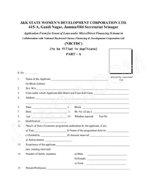 J&K Grant of Loan under Micro/Direct Financing Scheme Form