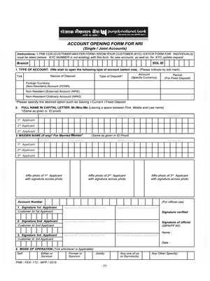 PNB Single / Joint Account Opening Form for NRI