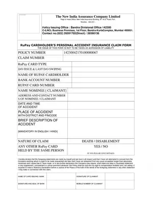 RuPAY Debit Card Accidental Death Claim Form