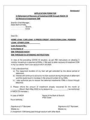 SBI EMI Deferment 3 Months During COVID-19 Form