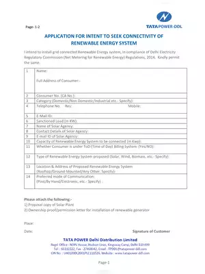 TATA Power DDL Net Metering Application Form