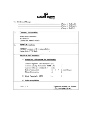 Union Bank of India ATM Transaction Complain Form