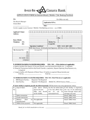 Canara Bank Internet(Retail)/Mobile/TeleBanking Form