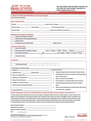 Future Generali Health Insurance or Reimbursement Claim Form