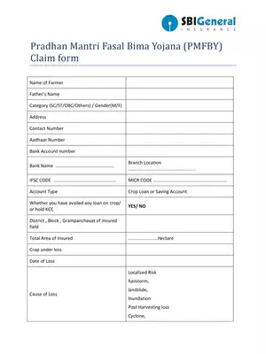 Pradhan Mantri Fasal Bima Yojana Claim Form SBI