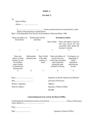 Rajasthan Pensioner Nomination Form