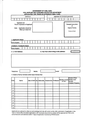 Tamil Nadu Residence Family Card Application Form