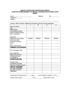 BPCL Medical Expenses Reimbursement Claim Form for Retired Staff