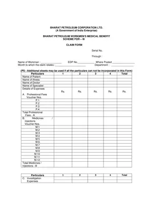 BPCL Scheme Workman Medical Benefits Claim Form