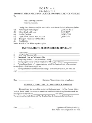 Driving Licence Form 4 Mizoram