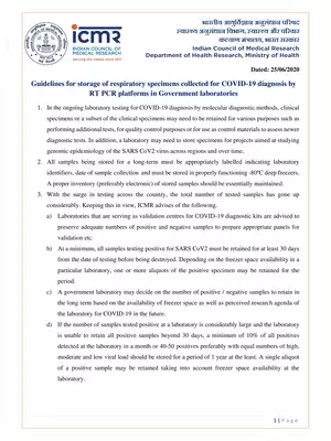 Storage of Respiratory  COVID-19 Specimens Diagnosis by RT PCR in Government Laboratories Guidelines