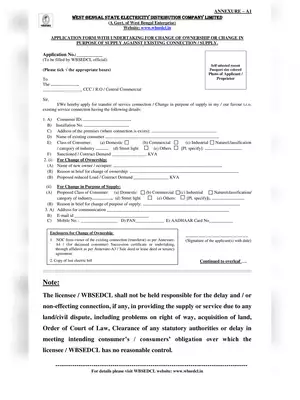 WBSEDCL Change of Ownership/Supply Form