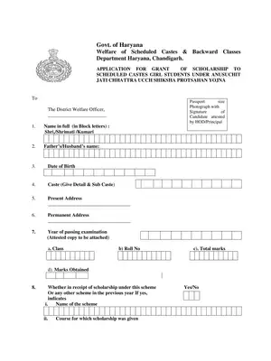 Annusuchit Jati Chhattra Ucch Shiksha Protsahan Yojana Form Haryana