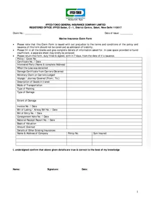 IFFCO-Tokio Claim Form for Marine Insurance