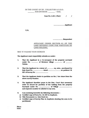 Land Partition Form Goa