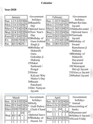 MP Government Holidays List 2020