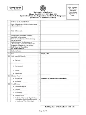 Ph.D. Application Form Calcutta University