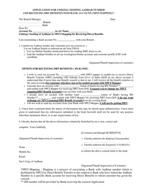 PNB Linking Aadhar Number With Bank Account (NPCI Mapping) Form