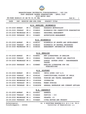 BDU Exam Time Table 2020