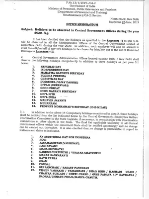 Central (Delhi) Government Holidays List 2020