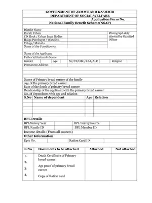 Jammu & Kashmir National Family Benefit Scheme Form