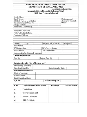 Jammu & Kashmir Old Age Pension Scheme Form