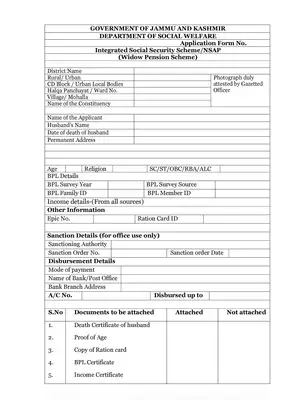 Jammu & Kashmir Widow Pension Scheme Form