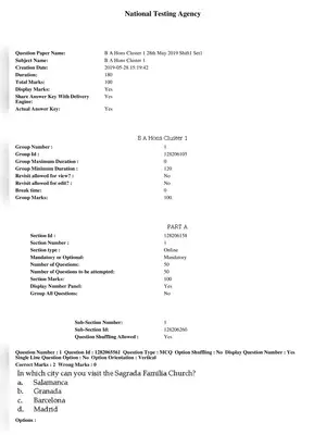 JNU Previous year Question Paper (Shift 1) 2019