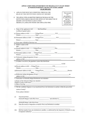 State Merit Scholarship Form Year 2020-2021 Meghalaya