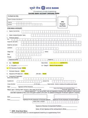 UCO Bank Saving Account Opening Application Form