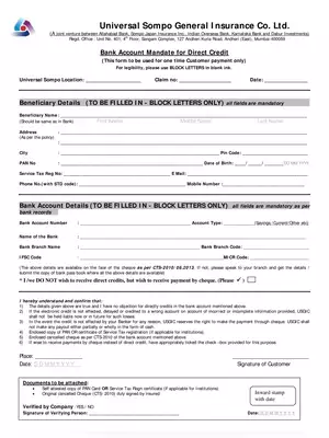 Universal Sompo NEFT Bank Mandate Form