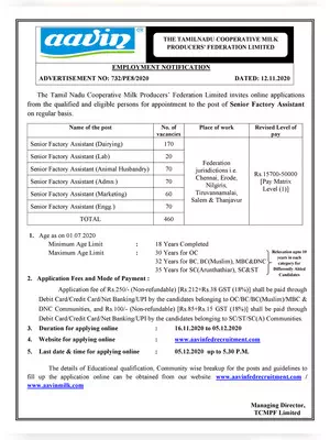 AAVIN Senior Factory Assistant Syllabus