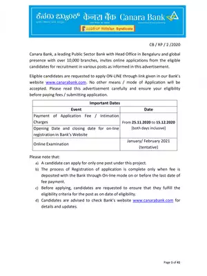 Canara Bank SO Recruitment 2020